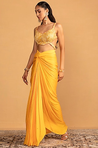Yellow Georgette Pre-Draped Dhoti Set by Esha Koul