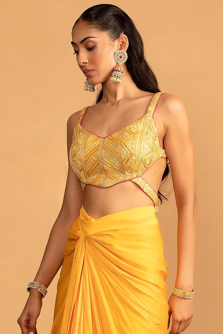 Yellow Georgette Pre-Draped Dhoti Set by Esha Koul at Pernia's Pop Up Shop