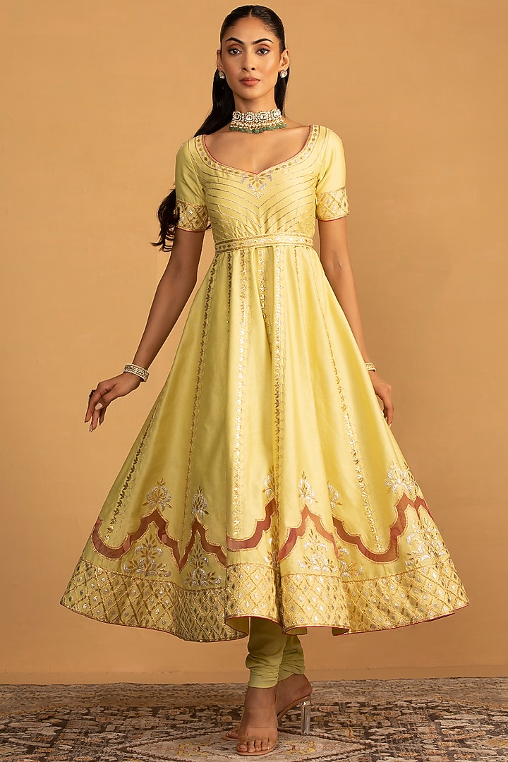 Mint Green Chanderi Patch Work Wedding Anarkali Set by Esha Koul at Pernia's Pop Up Shop