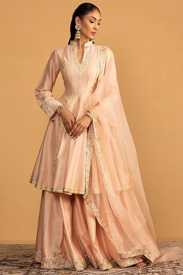 Peach Chanderi Gota Work Skirt Set by Esha Koul