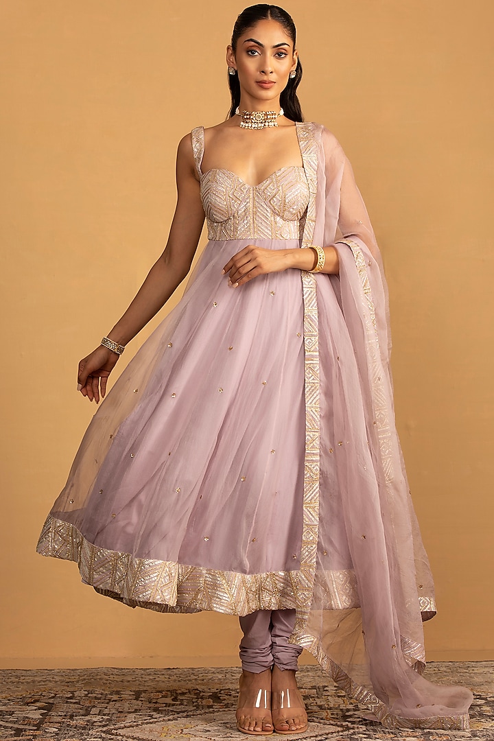 Lilac Georgette & Organza Sequin Work Anarkali Set by Esha Koul at Pernia's Pop Up Shop