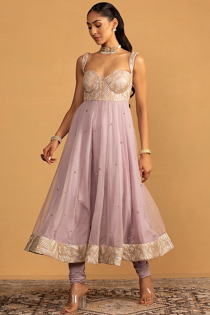 Lilac Georgette & Organza Sequin Work Wedding Anarkali Set by Esha Koul at Pernia's Pop Up Shop