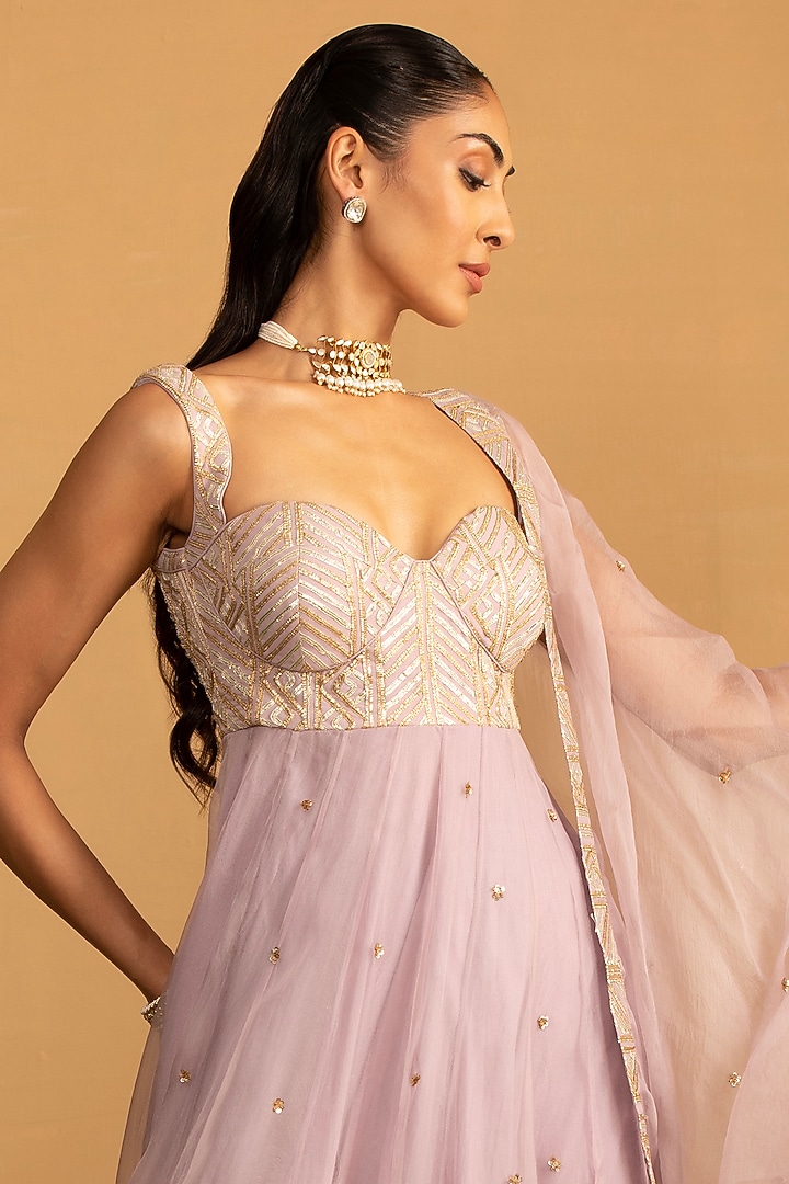 Lilac Georgette & Organza Sequin Work Wedding Anarkali Set by Esha Koul at Pernia's Pop Up Shop