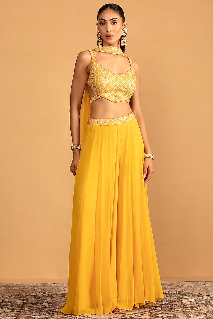 Yellow Georgette Palazzo Pant Set by Esha Koul at Pernia's Pop Up Shop