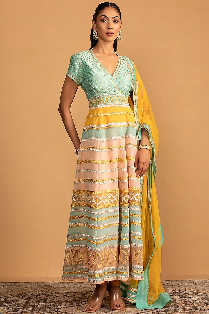 Multi-Colored Georgette & Organza Patch Work Anarkali Set by Esha Koul at Pernia's Pop Up Shop