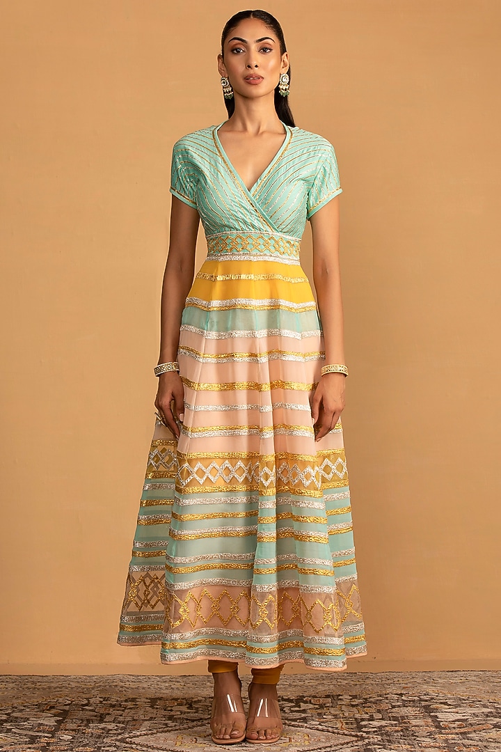 Multi-Colored Georgette & Organza Patch Work Wedding Anarkali Set by Esha Koul at Pernia's Pop Up Shop