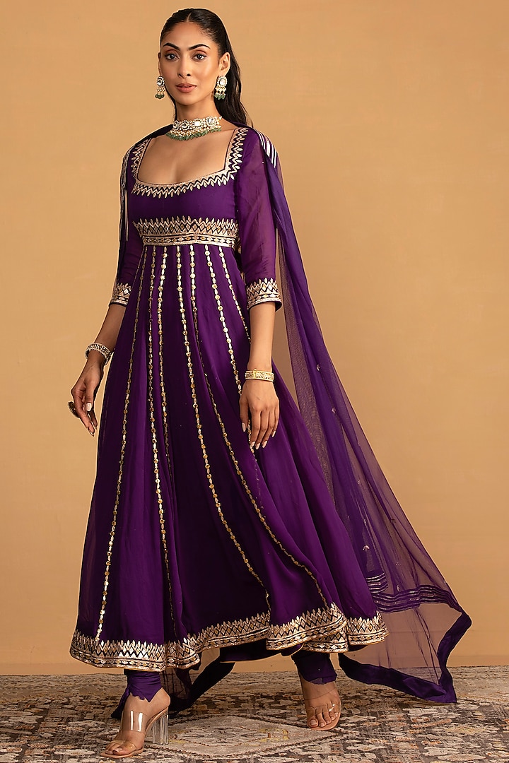 Purple Semi Crepe Gota Embellished Anarkali Set by Esha Koul