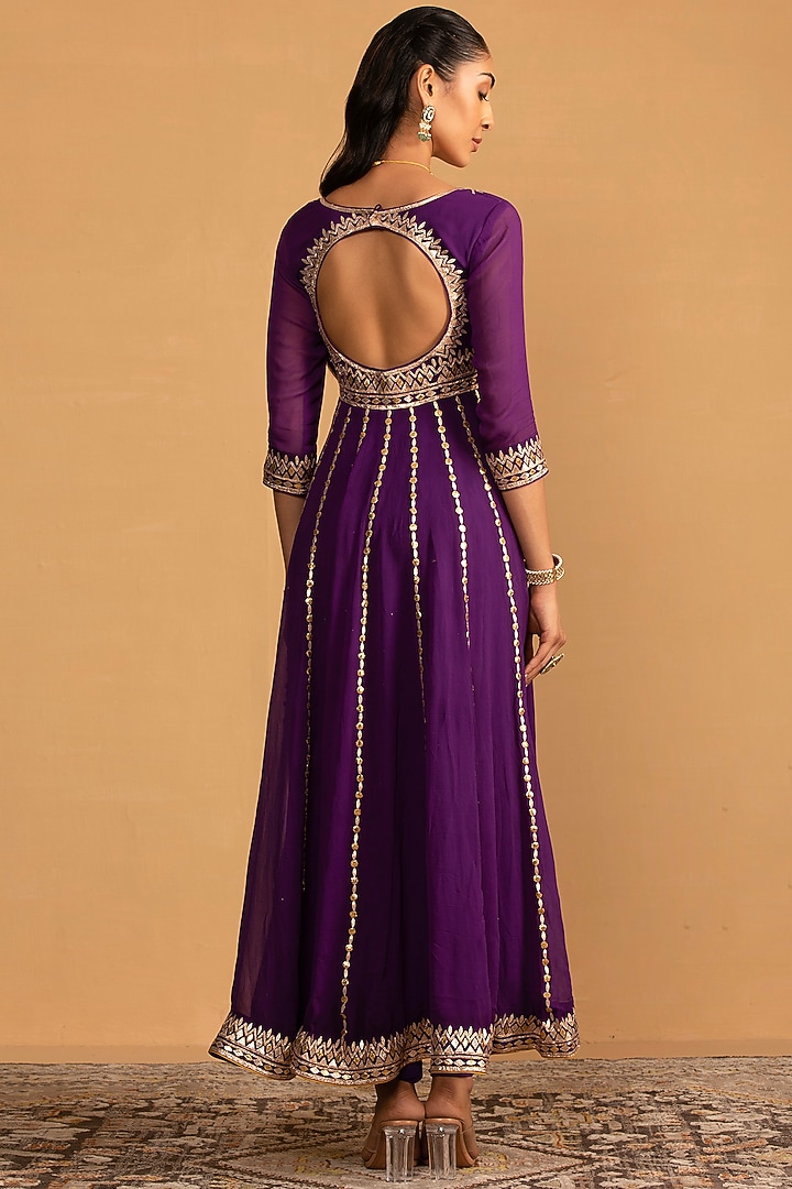 Purple Semi Crepe Gota Embellished Wedding Anarkali Set by Esha Koul at Pernia's Pop Up Shop