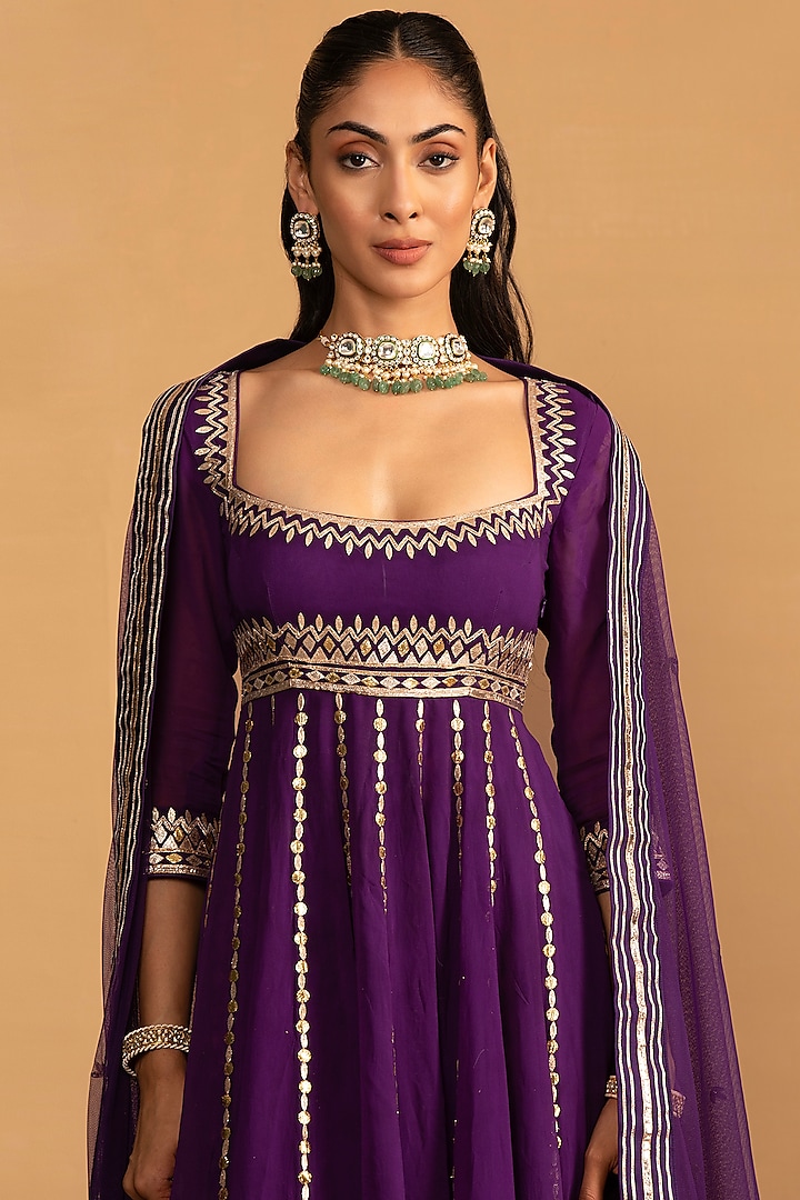 Purple Semi Crepe Gota Embellished Wedding Anarkali Set by Esha Koul at Pernia's Pop Up Shop