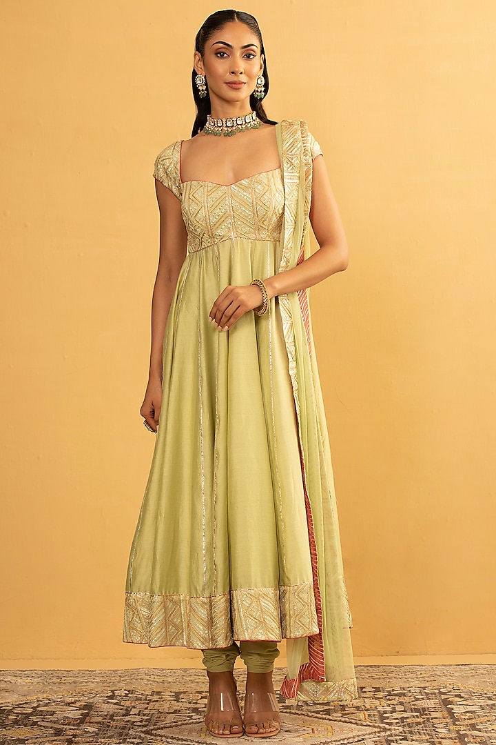 Light Green Chanderi & Georgette Gota Work Anarkali Set by Esha Koul at Pernia's Pop Up Shop