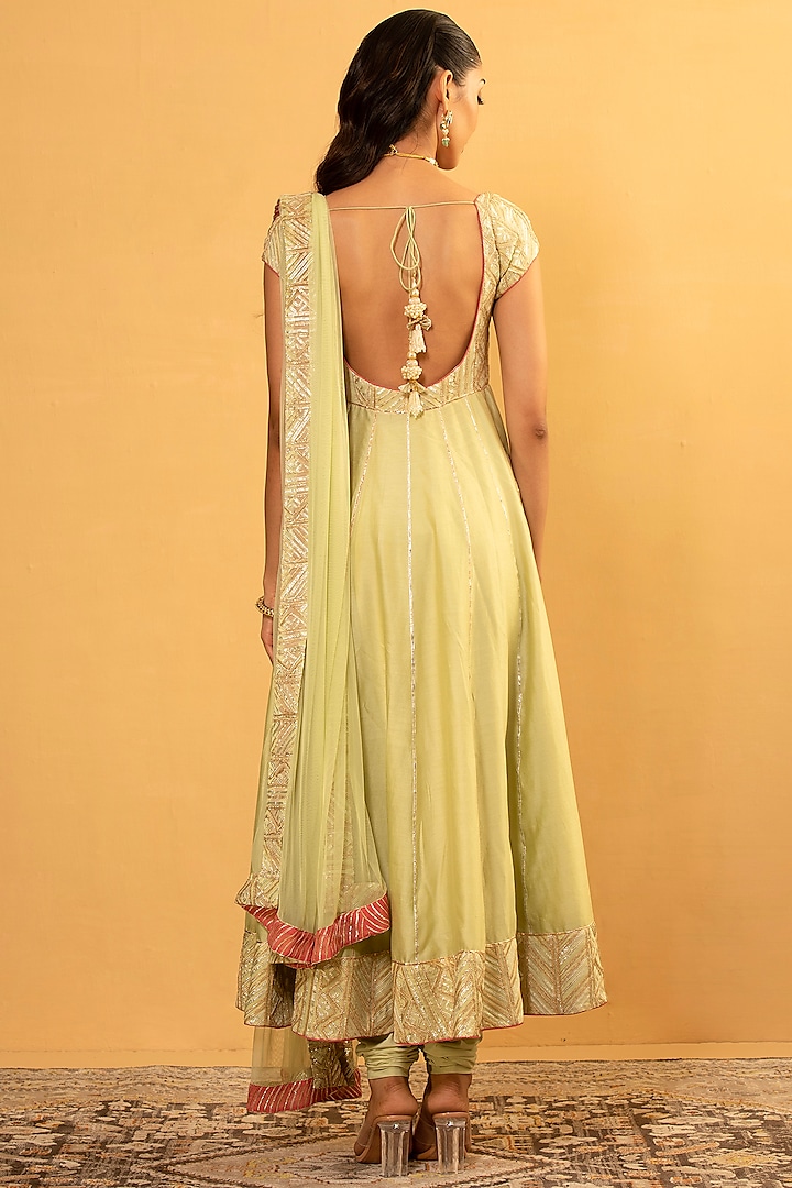 Light Green Chanderi & Georgette Gota Work Wedding Anarkali Set by Esha Koul at Pernia's Pop Up Shop