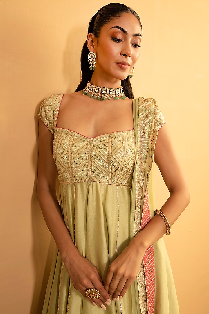 Light Green Chanderi & Georgette Gota Work Wedding Anarkali Set by Esha Koul at Pernia's Pop Up Shop