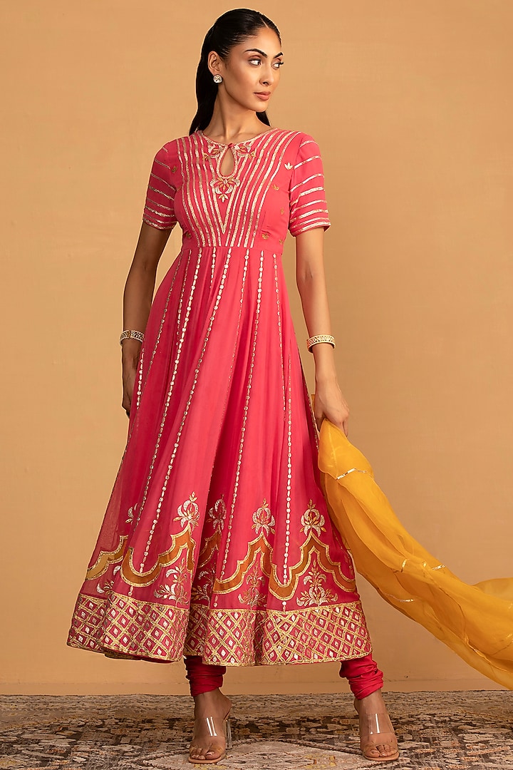 Peach Pink Georgette Gota & Patch Work Anarkali Set by Esha Koul