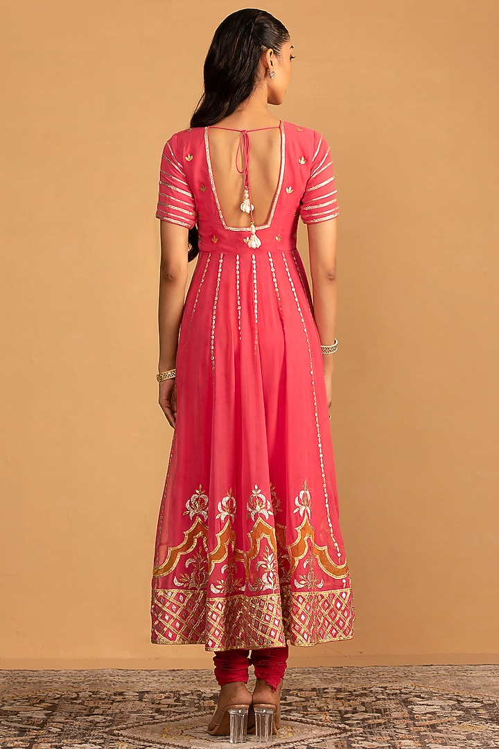 Peach Pink Georgette Gota & Patch Work Wedding Anarkali Set by Esha Koul at Pernia's Pop Up Shop