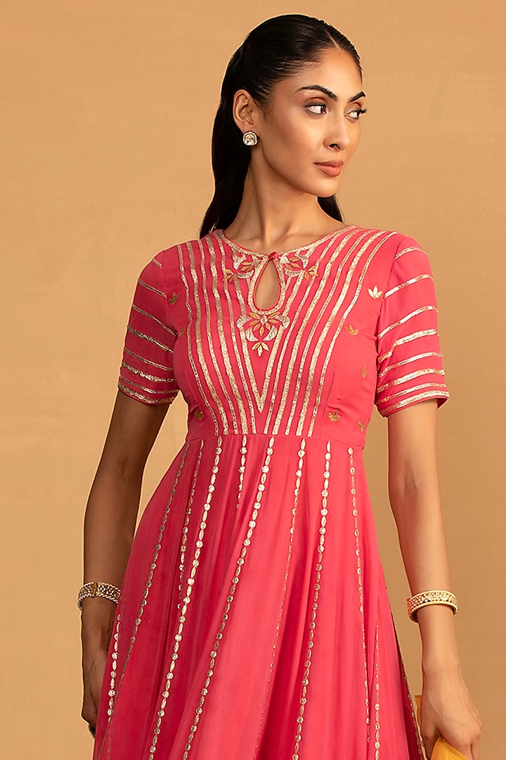 Peach Pink Georgette Gota & Patch Work Wedding Anarkali Set by Esha Koul at Pernia's Pop Up Shop