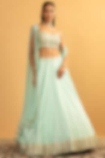 Ice Blue Chanderi Gota Work Jacket Lehenga Set by Esha Koul at Pernia's Pop Up Shop