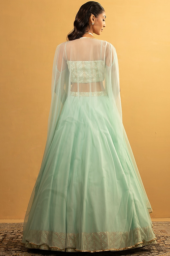 Ice Blue Chanderi Gota Work Jacket Wedding Lehenga Set by Esha Koul at Pernia's Pop Up Shop