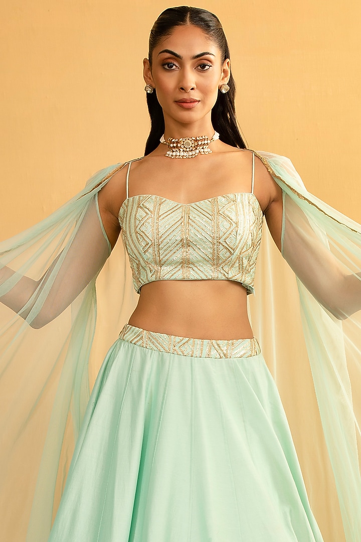 Ice Blue Chanderi Gota Work Jacket Wedding Lehenga Set by Esha Koul at Pernia's Pop Up Shop