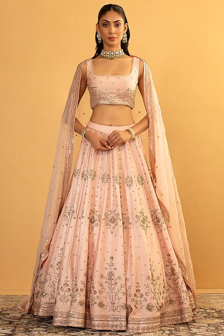 Light Pink Chanderi Sequin & Cutdana Embellished Lehenga Set by Esha Koul