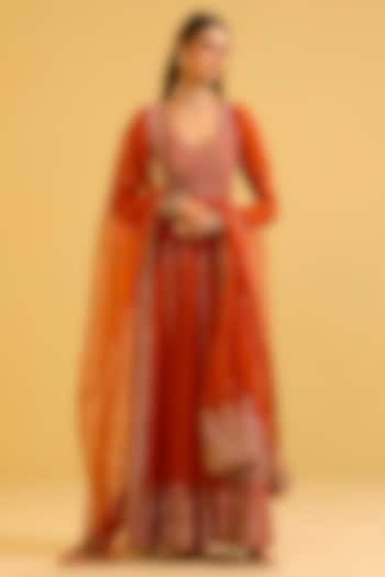 Rust Georgette Badla & Sequin Embellished Wedding Anarkali Set by Esha Koul at Pernia's Pop Up Shop