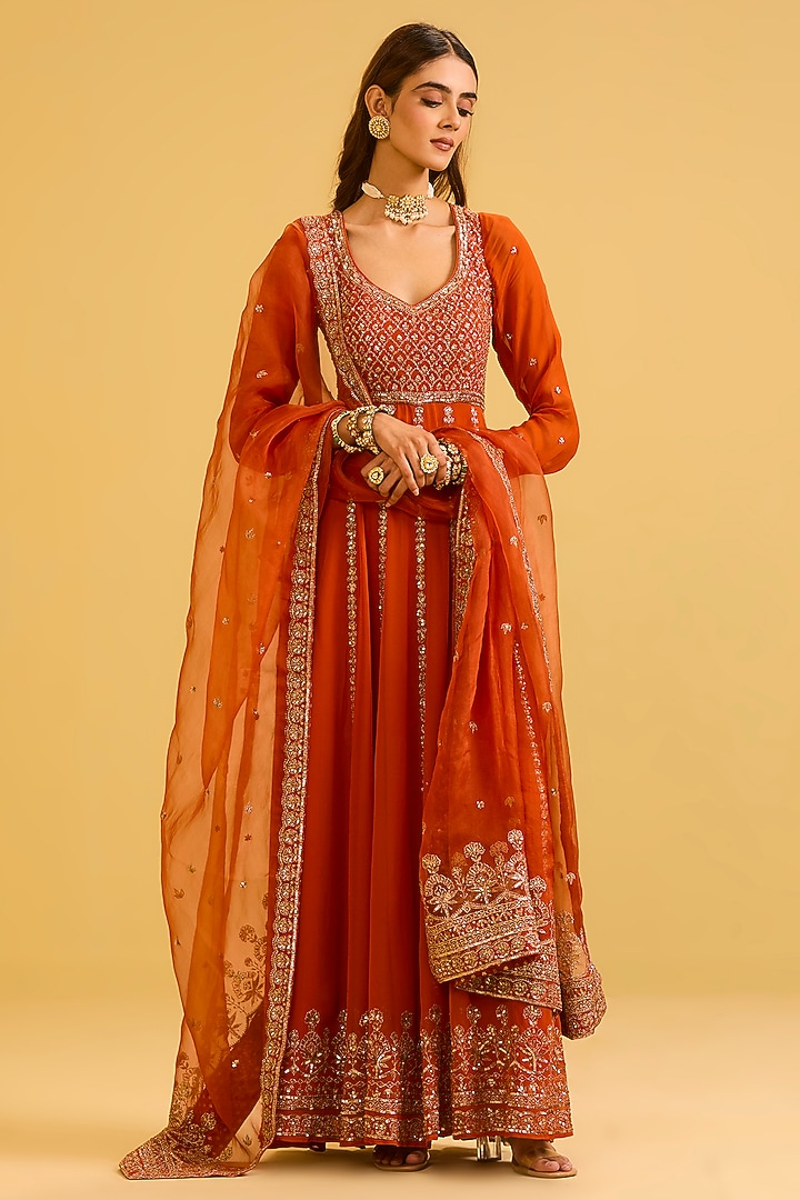 Rust Georgette Badla & Sequin Embellished Wedding Anarkali Set by Esha Koul at Pernia's Pop Up Shop