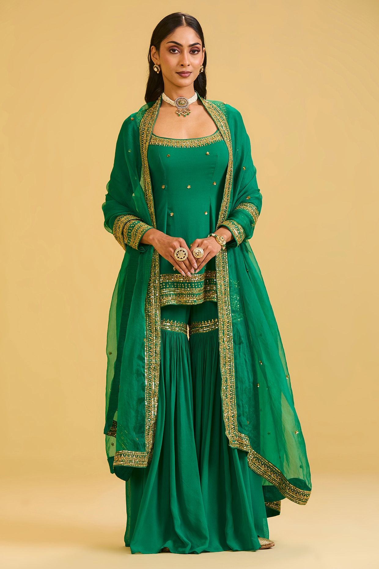 Esha Koul Green Georgette Zari & Sequin Embellished Sharara Set