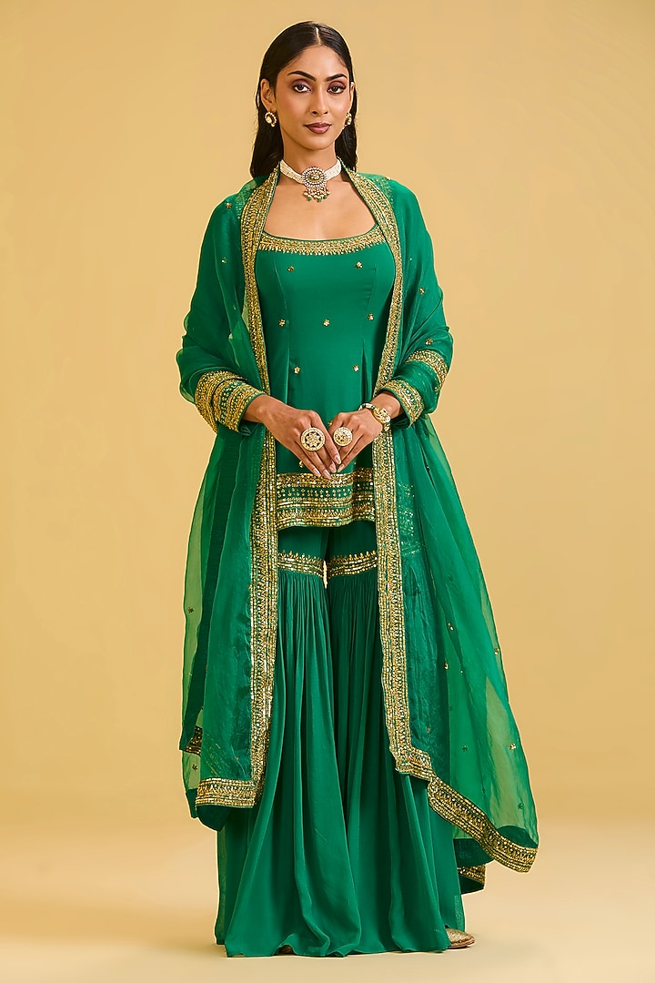Green Georgette Zari & Sequin Embellished Wedding Sharara Set by Esha Koul at Pernia's Pop Up Shop