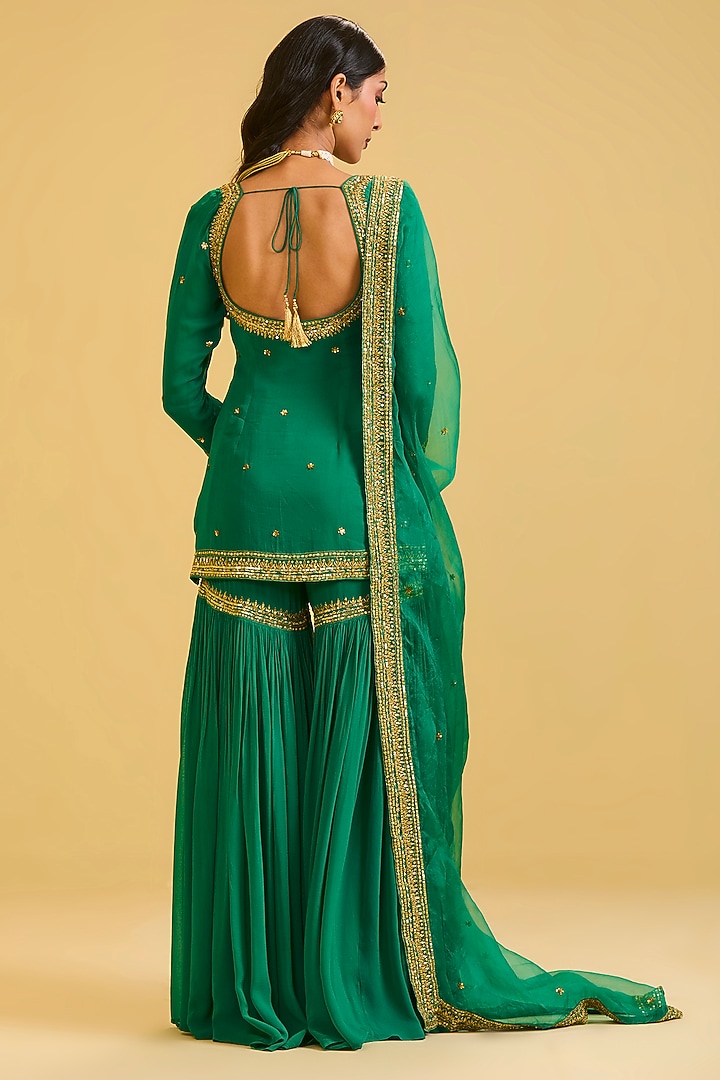 Green Georgette Zari & Sequin Embellished Wedding Sharara Set by Esha Koul at Pernia's Pop Up Shop