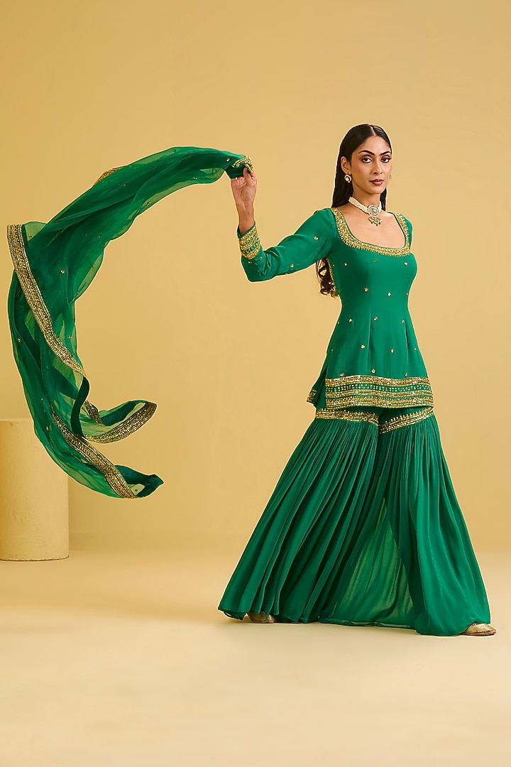 Green Georgette Zari & Sequin Embellished Wedding Sharara Set by Esha Koul at Pernia's Pop Up Shop