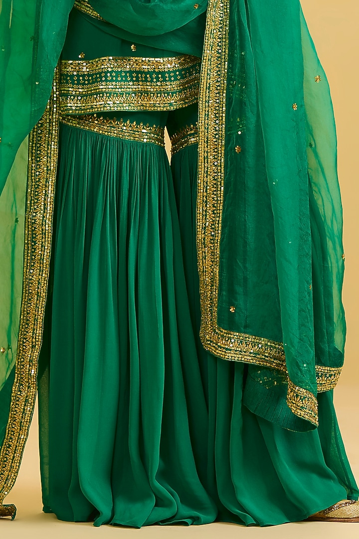 Green Georgette Zari & Sequin Embellished Wedding Sharara Set by Esha Koul at Pernia's Pop Up Shop
