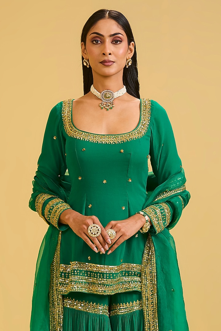 Green Georgette Zari & Sequin Embellished Wedding Sharara Set by Esha Koul at Pernia's Pop Up Shop