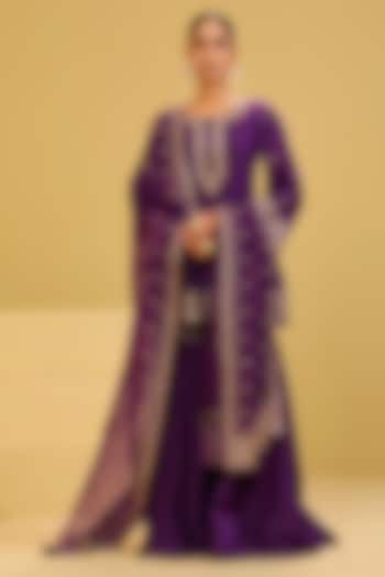 Purple Chanderi Sequin & Badla Embellished Peplum Wedding Sharara Set by Esha Koul at Pernia's Pop Up Shop