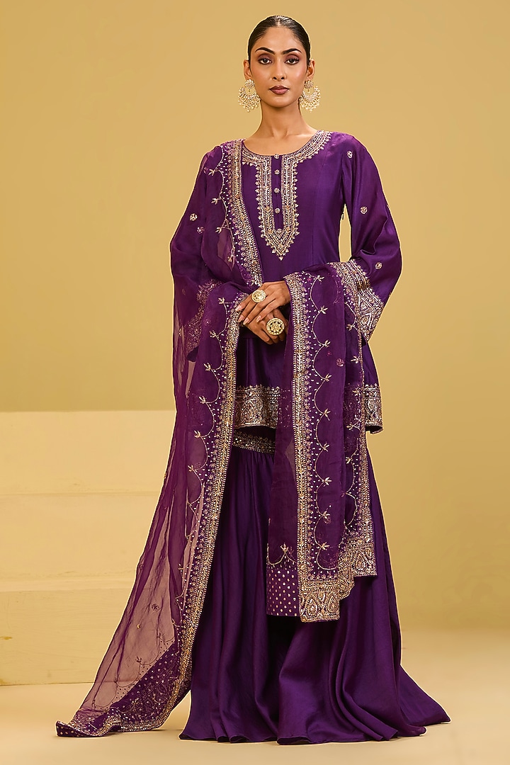 Purple Chanderi Sequin & Badla Embellished Peplum Wedding Sharara Set by Esha Koul at Pernia's Pop Up Shop