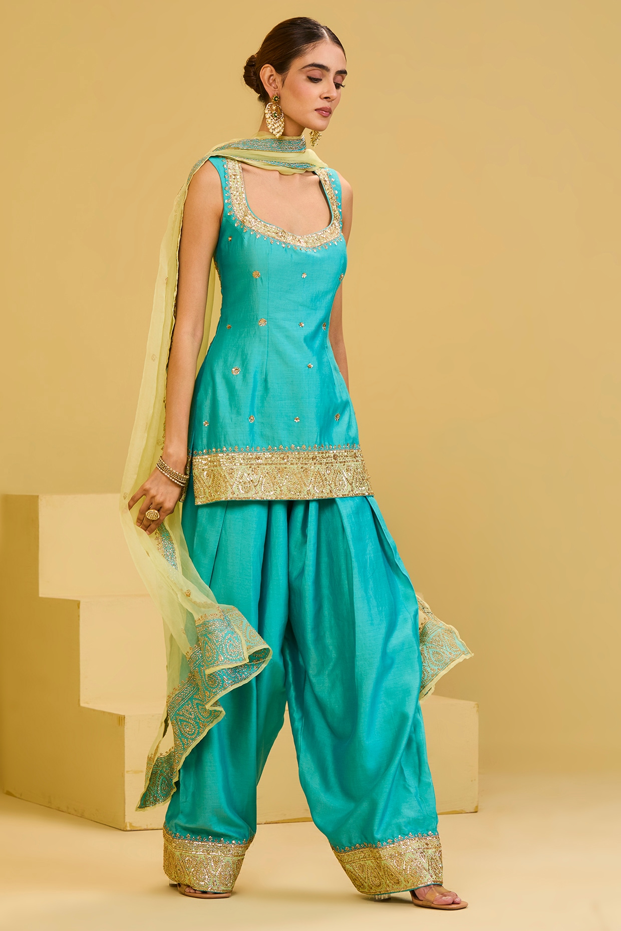 Esha Koul Sky Blue Chanderi Badla Embellished Kurta Set