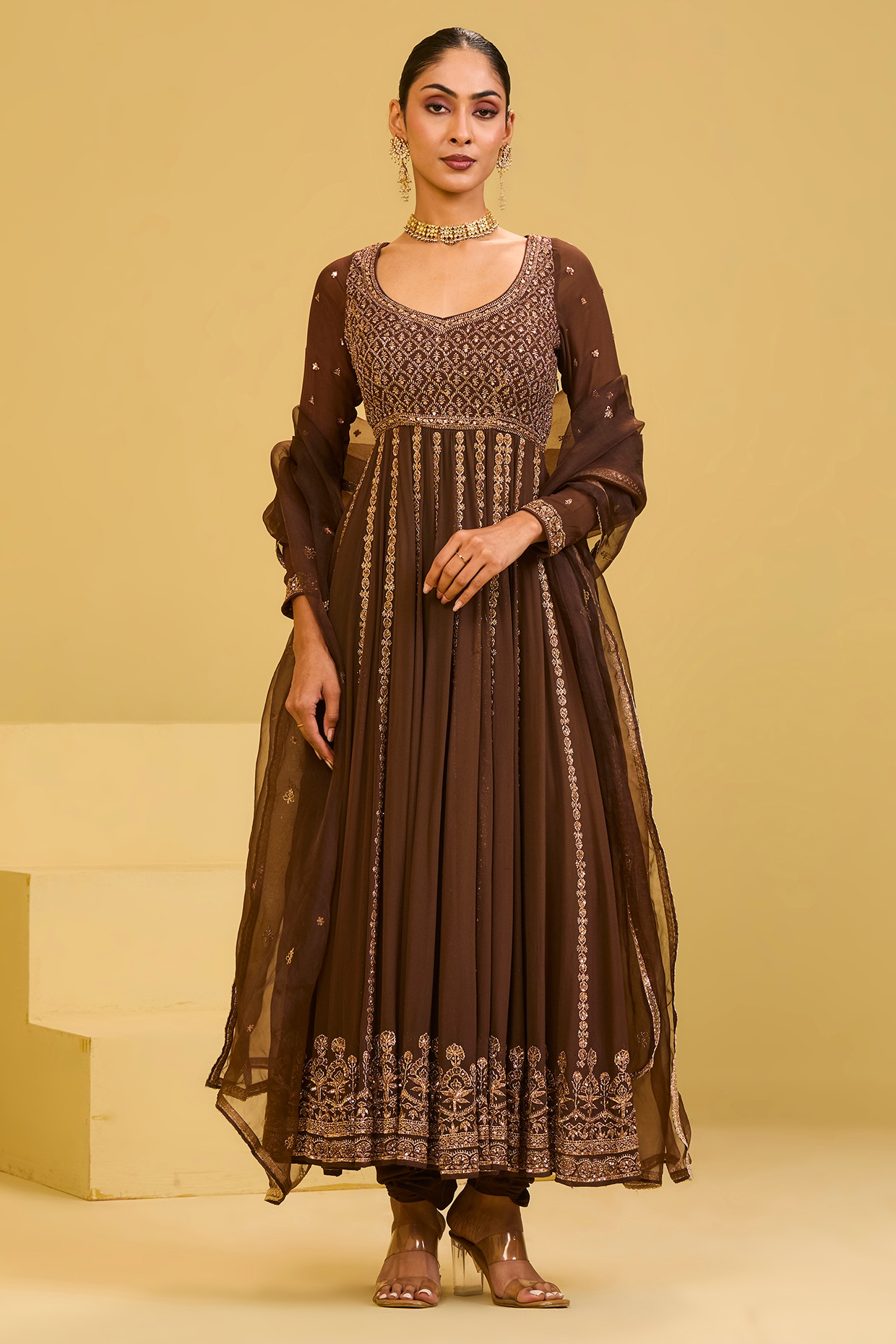 Esha Koul Brown Georgette Badla & Sequin Embellished Anarkali Set