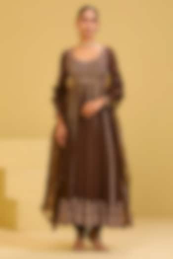 Brown Georgette Badla & Sequin Embellished Wedding Anarkali Set by Esha Koul at Pernia's Pop Up Shop