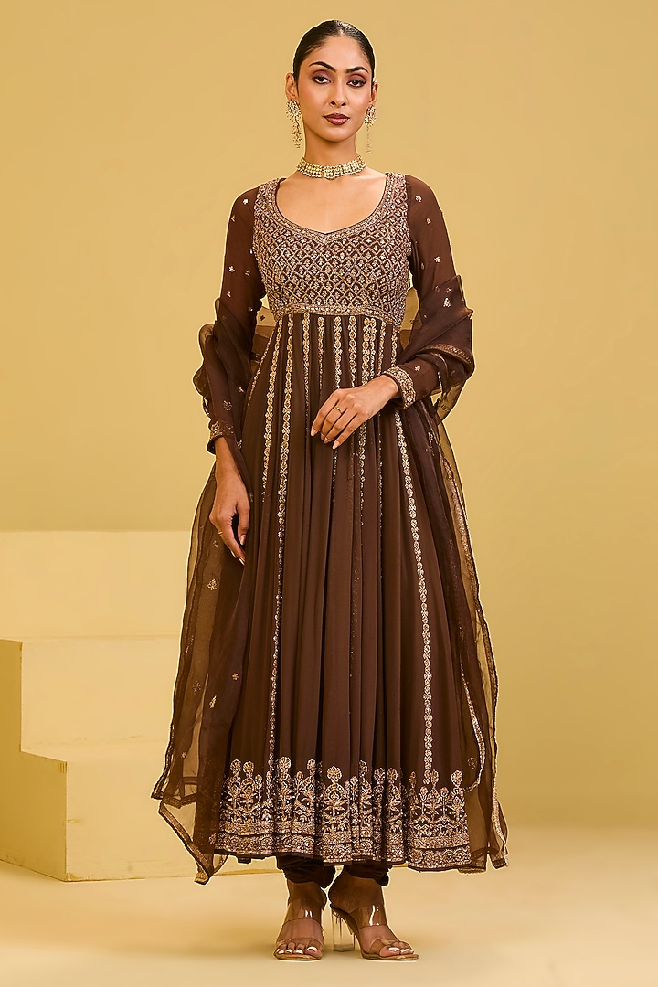 Brown Georgette Badla & Sequin Embellished Wedding Anarkali Set by Esha Koul at Pernia's Pop Up Shop