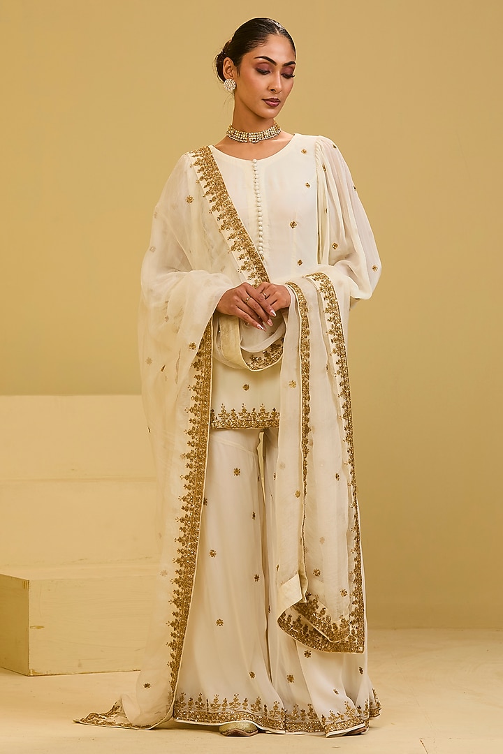 Off-White Georgette Embroidered Wedding Sharara Set by Esha Koul at Pernia's Pop Up Shop