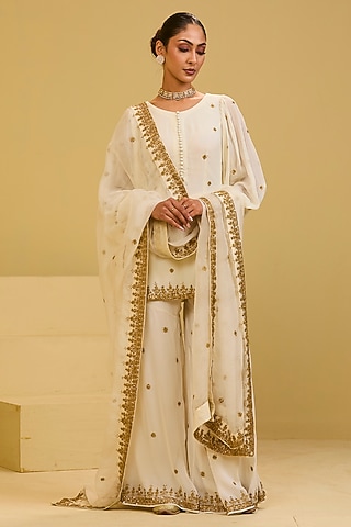 Off-White Georgette Embroidered Sharara Set by Esha Koul