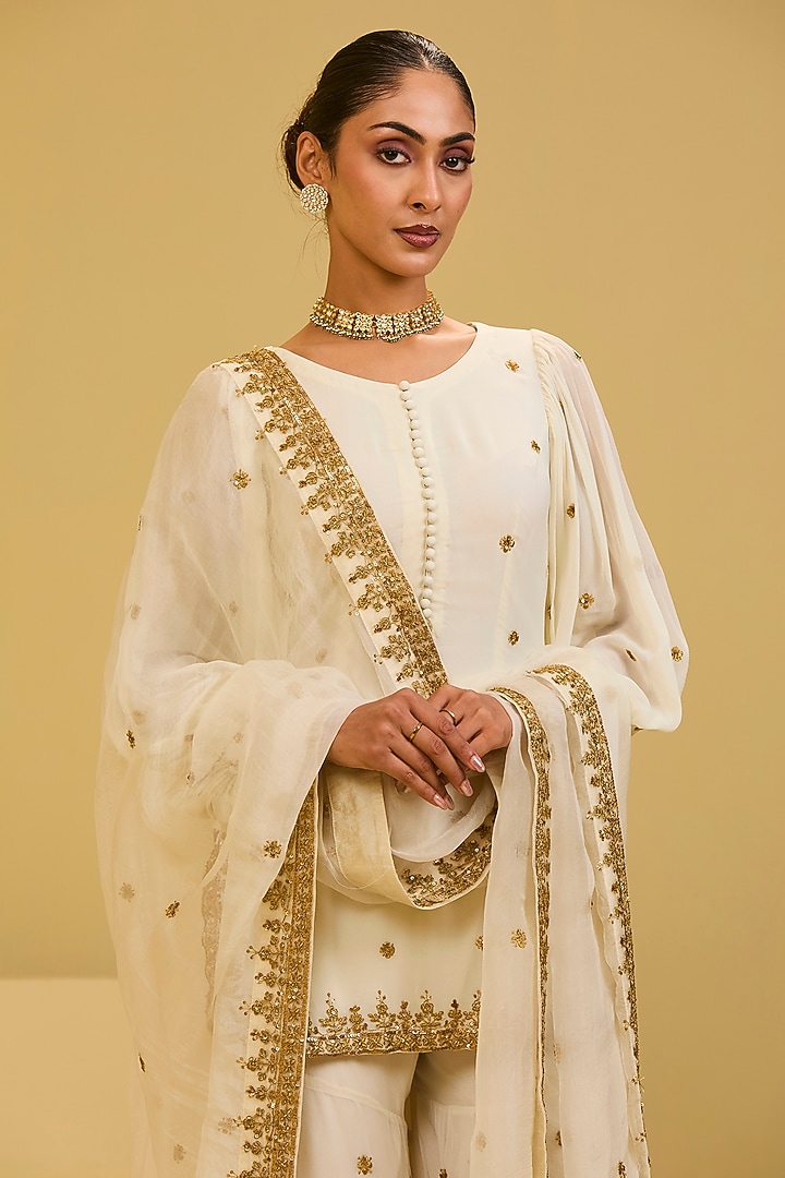 Off-White Georgette Embroidered Wedding Sharara Set by Esha Koul at Pernia's Pop Up Shop