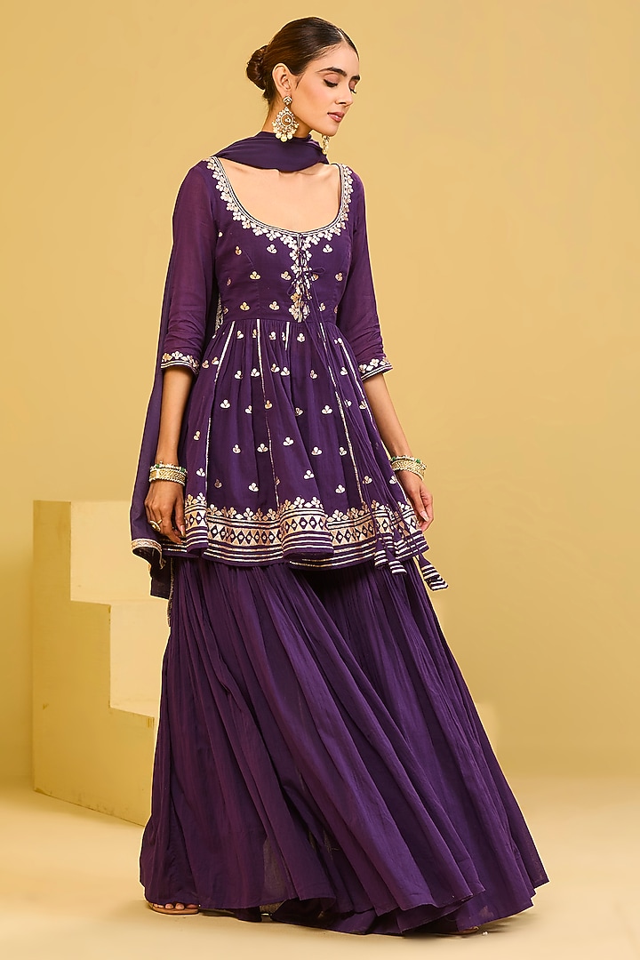 Purple Mul Cotton Machine Embroidered Wedding Sharara Set by Esha Koul at Pernia's Pop Up Shop