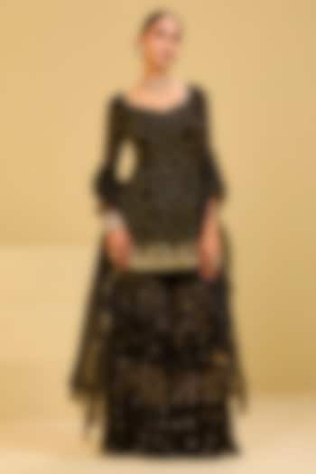Black Georgette Sequins Embellished Wedding Sharara Set by Esha Koul at Pernia's Pop Up Shop