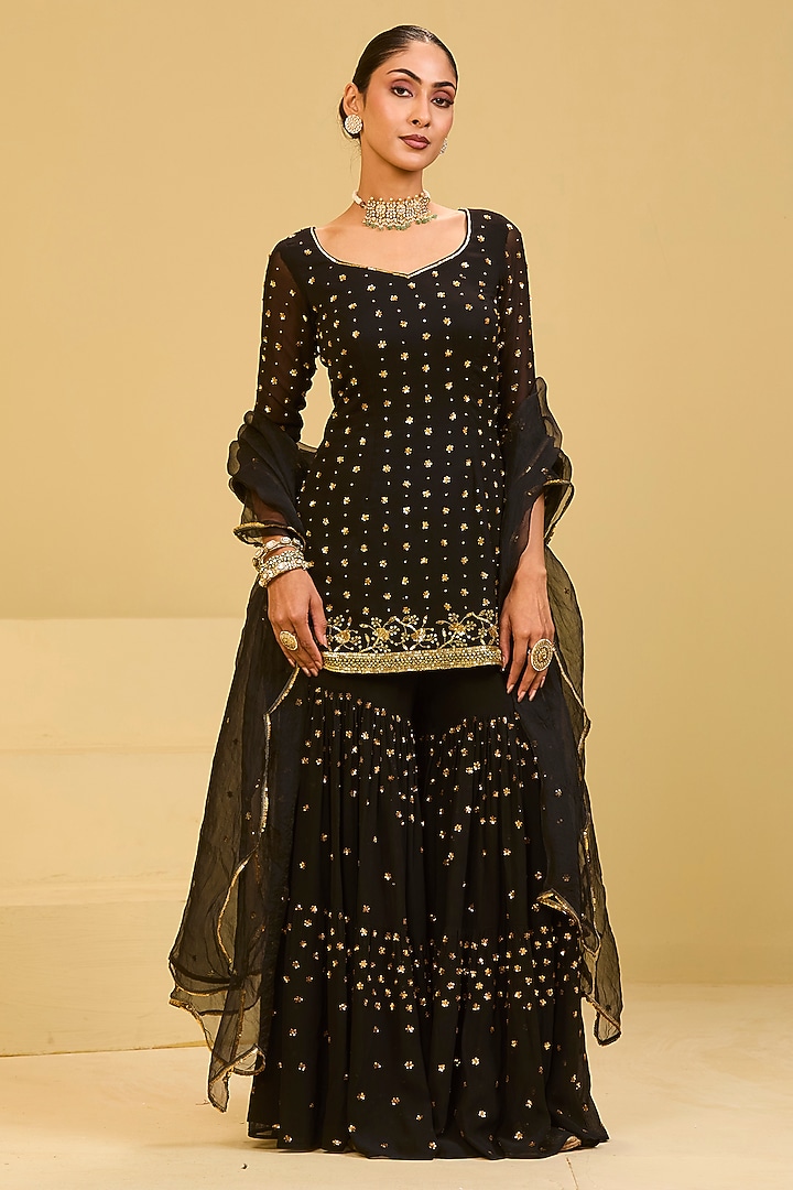 Black Georgette Sequins Embellished Wedding Sharara Set by Esha Koul at Pernia's Pop Up Shop
