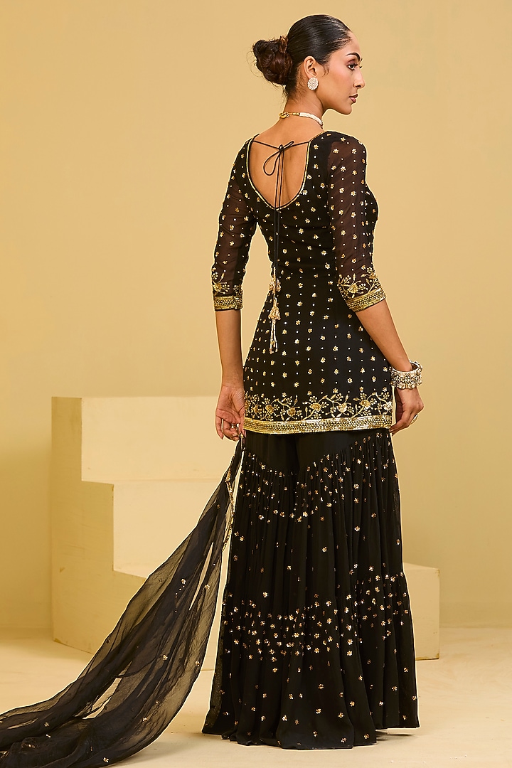 Black Georgette Sequins Embellished Wedding Sharara Set by Esha Koul at Pernia's Pop Up Shop