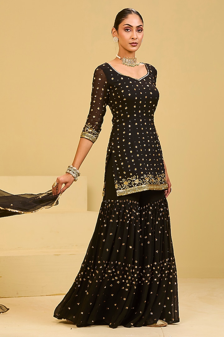 Black Georgette Sequins Embellished Wedding Sharara Set by Esha Koul at Pernia's Pop Up Shop