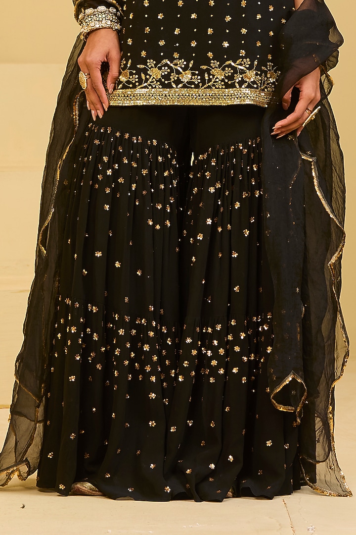 Black Georgette Sequins Embellished Wedding Sharara Set by Esha Koul at Pernia's Pop Up Shop