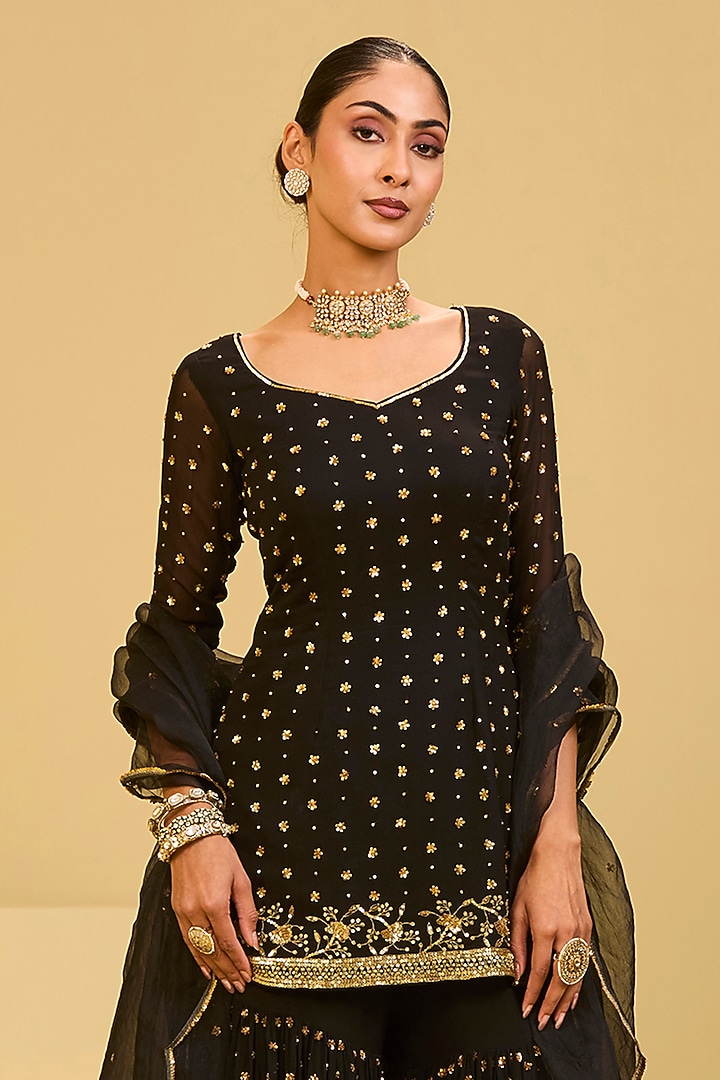 Black Georgette Sequins Embellished Wedding Sharara Set by Esha Koul at Pernia's Pop Up Shop