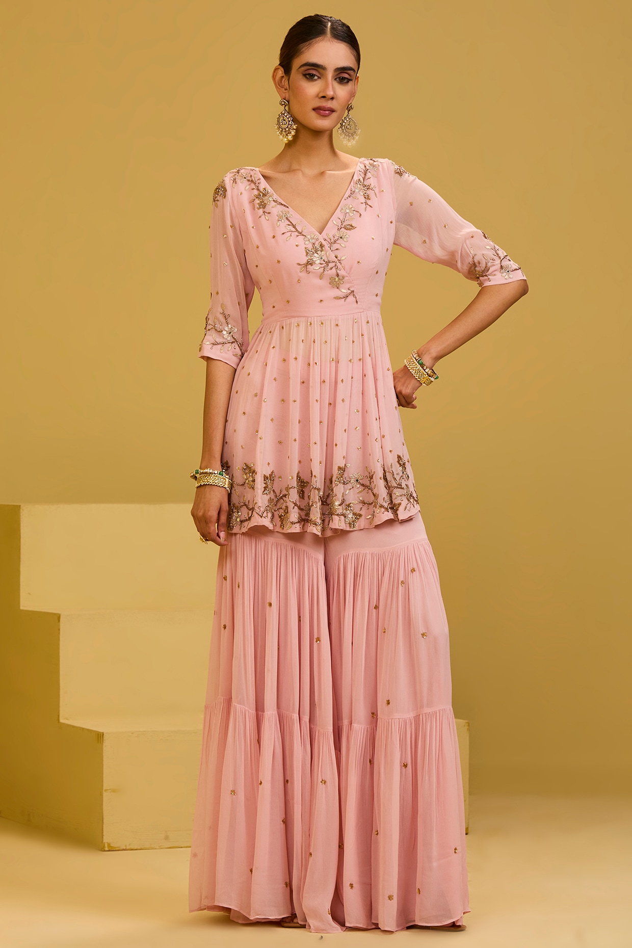 Esha Koul Baby Pink Georgette Nakshi Embroidered Sharara Set