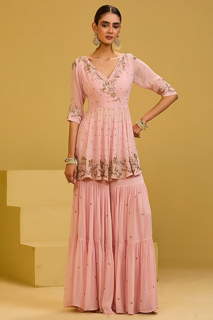Baby Pink Georgette Nakshi Embroidered Wedding Sharara Set by Esha Koul at Pernia's Pop Up Shop