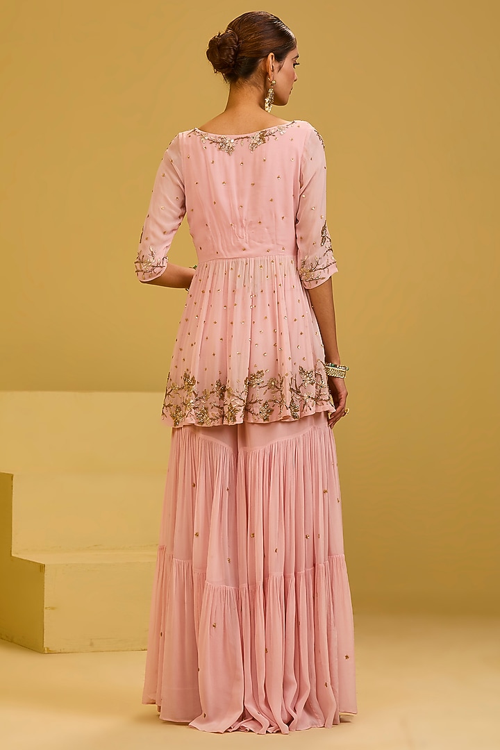 Baby Pink Georgette Nakshi Embroidered Wedding Sharara Set by Esha Koul at Pernia's Pop Up Shop